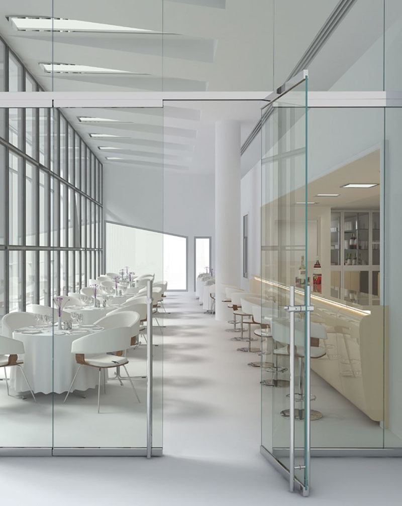 Mẫu cửa kính cường lực 1 cánh đẹp dành cho văn phòng 1 Mẫu cửa kính cường lực 1 cánh mở quay cho nhà hàng