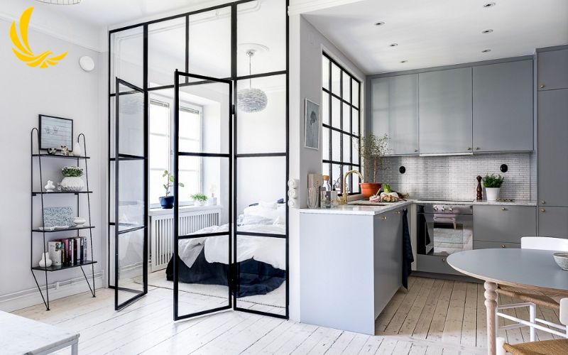 Vách kính cường lực phòng khách hiện đại