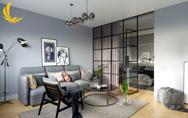 Vách kính cường lực ngăn cách không gian phòng khách, phòng bếp