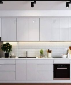 Tủ bếp cánh kính màu trắng tối giản, tinh tế