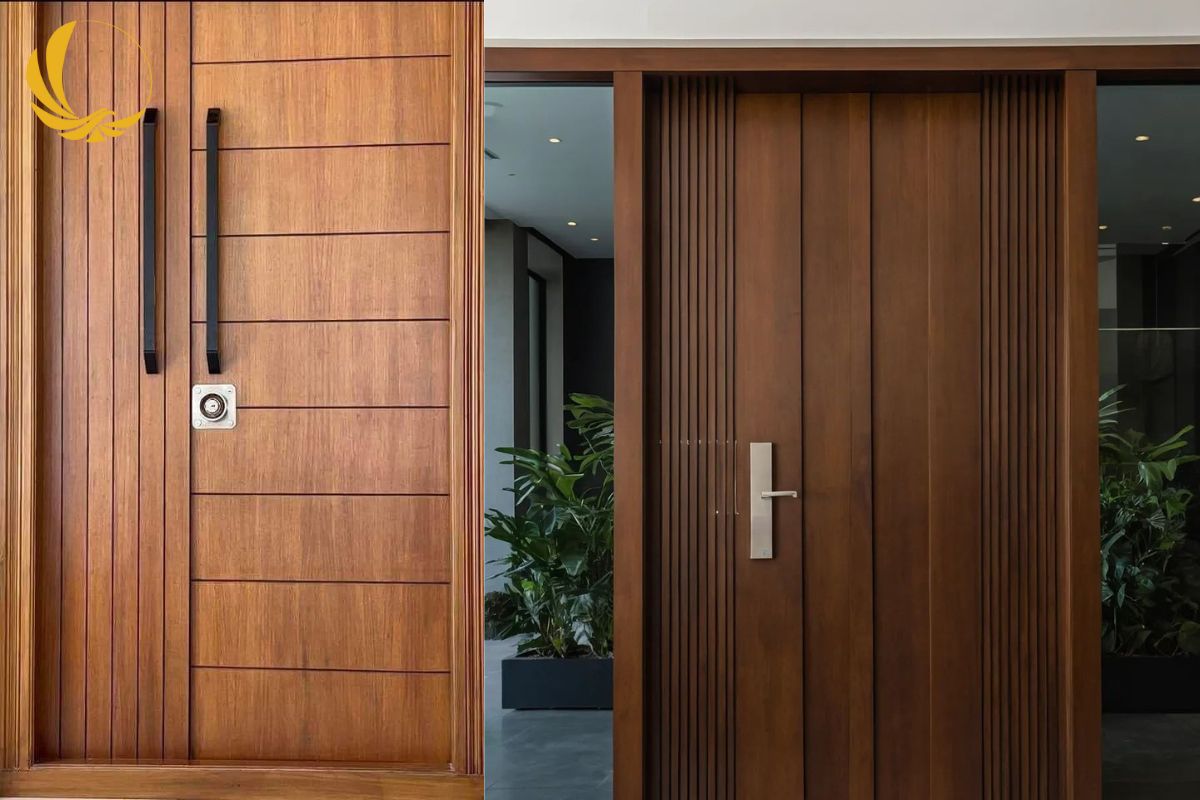Mẫu cửa kính phòng ngủ hai cánh mở quay màu vân gỗ đẹp