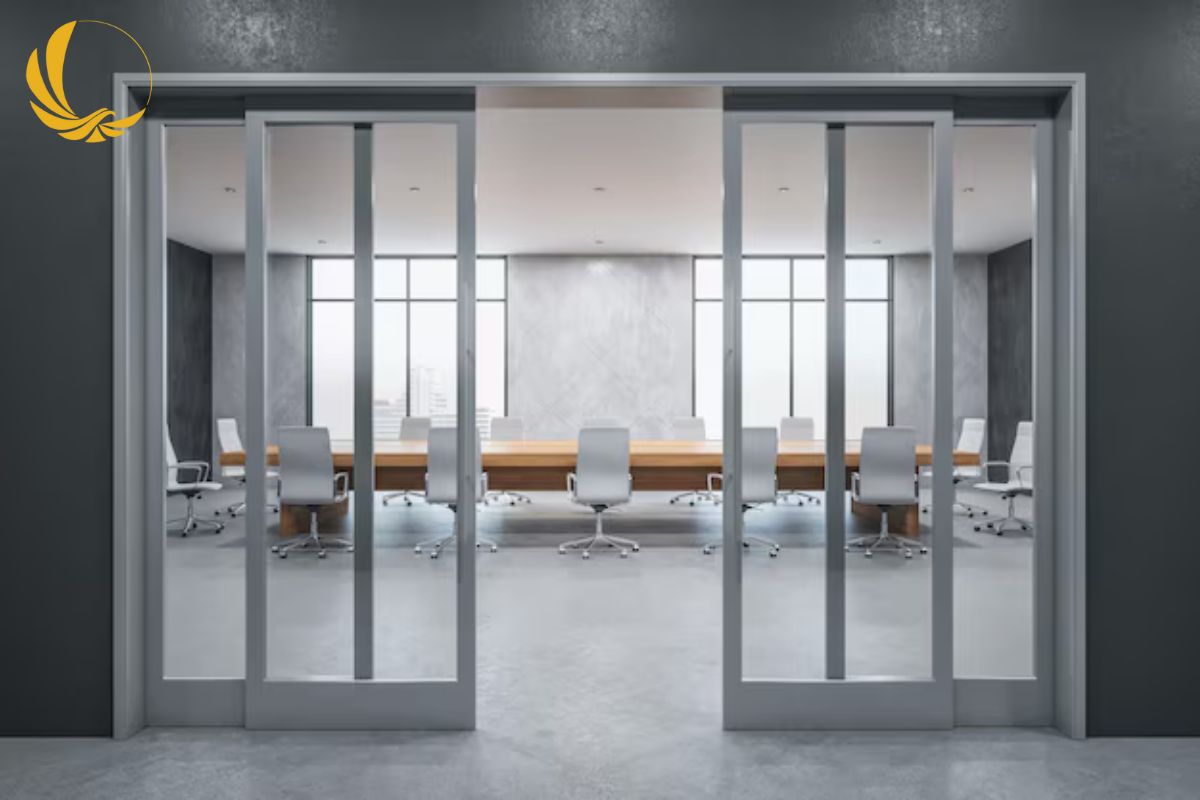 Vách ngăn nhôm kính văn phòng kết hợp với hệ cửa lùa/mở