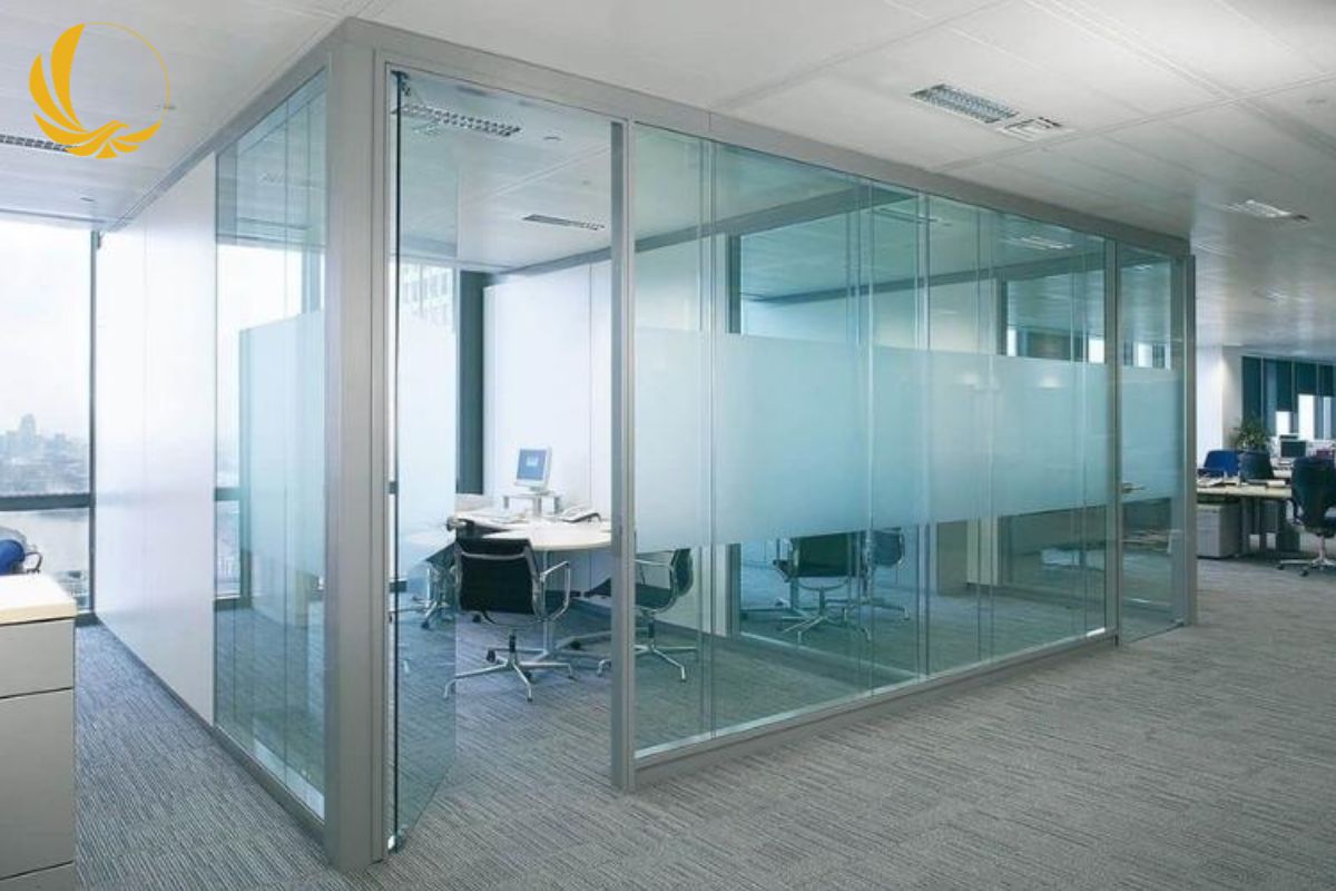 Cửa Kính Cường Lực Văn Phòng 2 Cửa kính cường lực văn phòng mở lùa treo dùng ray inox