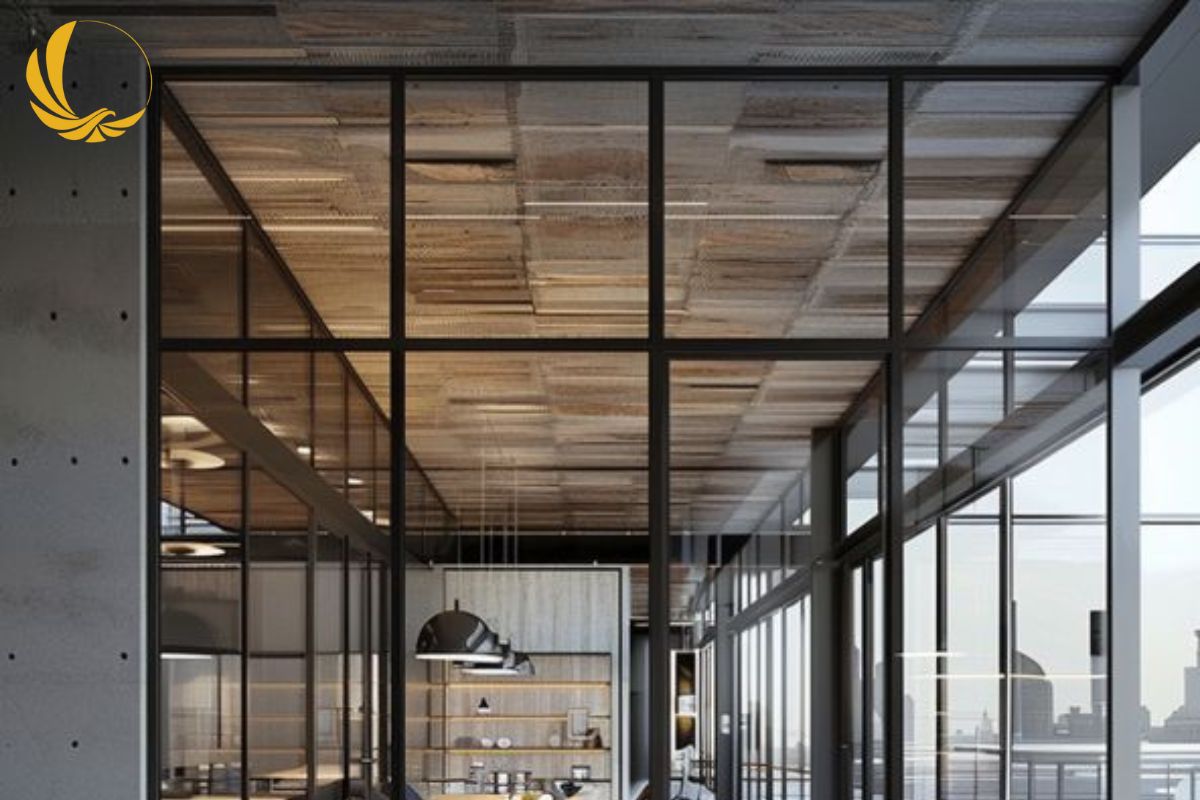 Mẫu vách ngăn văn phòng kết hợp khung nhôm Xingfa đen