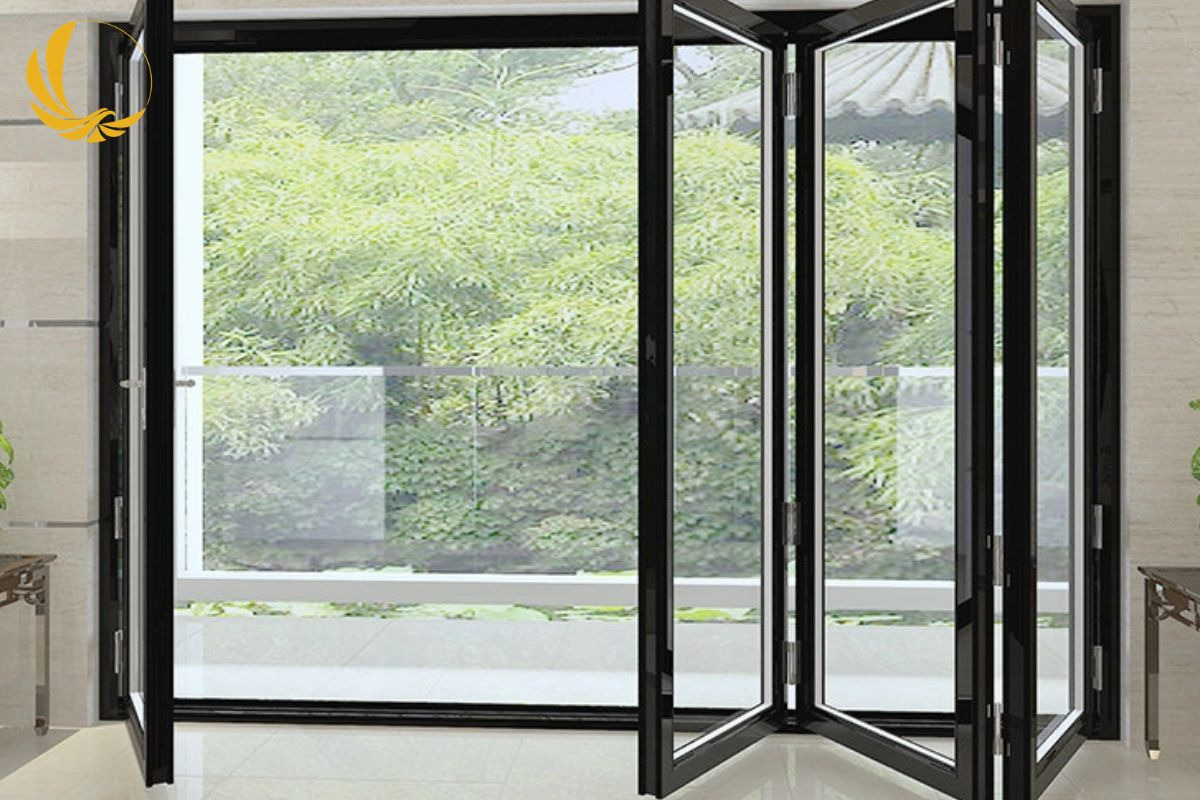 Cửa nhôm xingfa 4 cánh xếp trượt tông màu ghi xám trung tính cho nhà tối giản