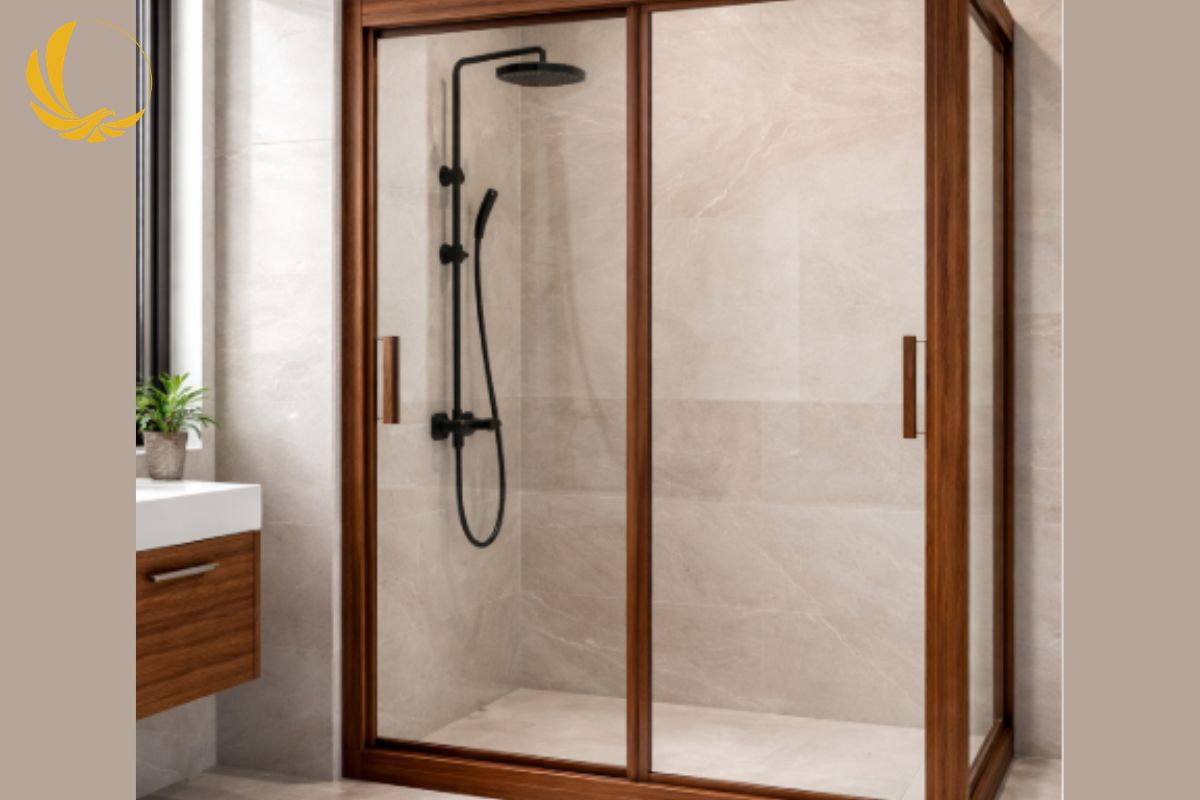 Mẫu vách ngăn phòng tắm bằng nhôm sơn vân gỗ