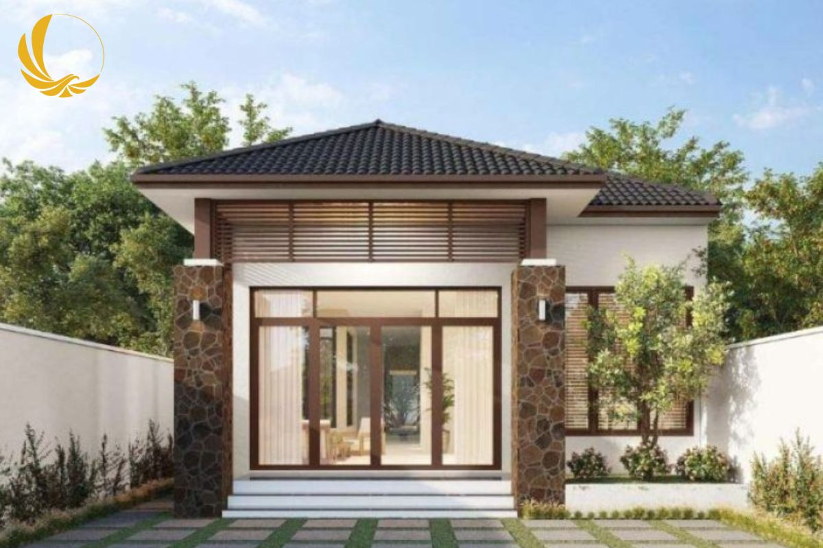 Cửa kính nhà cấp 4 mái Nhật màu vân gỗ sang trọng