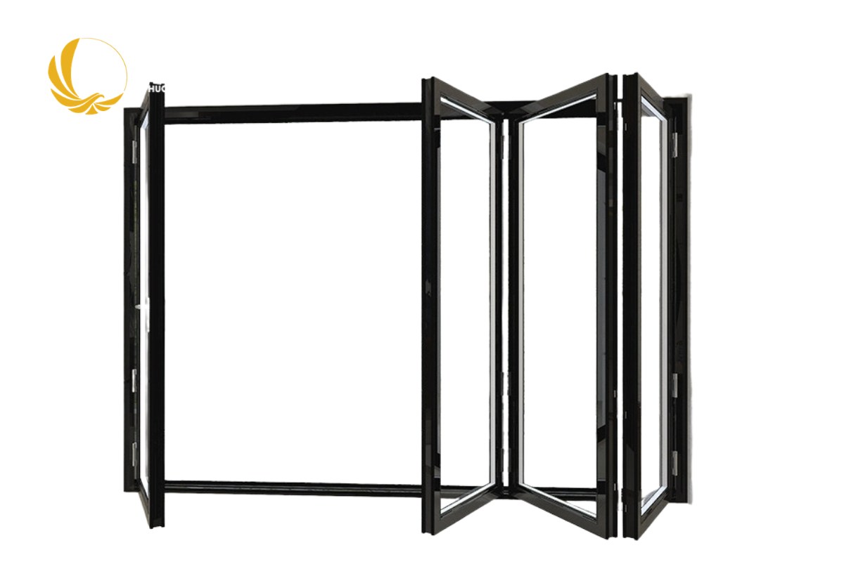 Cửa xếp 4 cánh nhôm Xingfa hệ 88 màu đen, kính cường lực, phong cách công nghiệp
