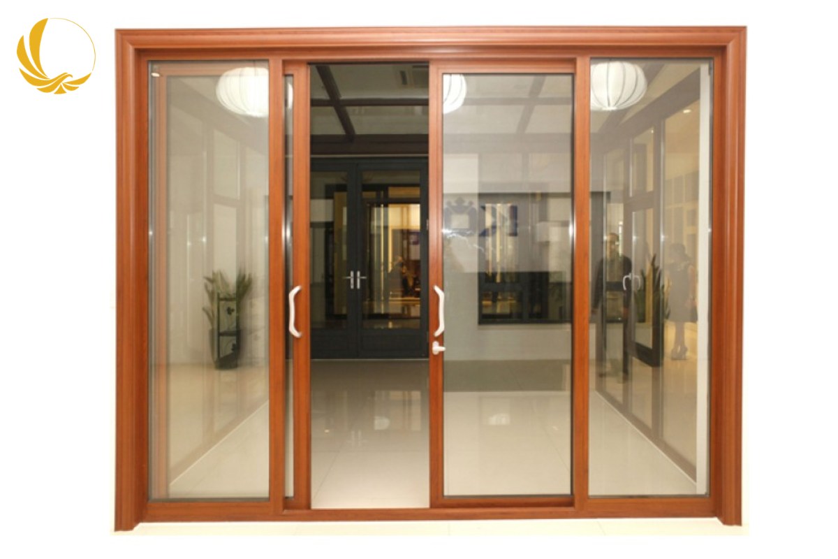 Cửa lùa 3 cánh nhôm Xingfa hệ 80 vân gỗ