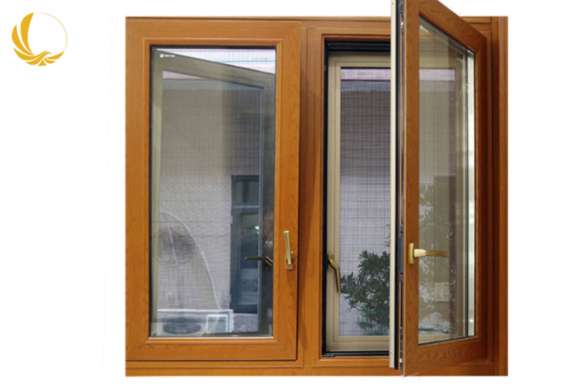 Cửa sổ mở quay 2 cánh nhôm Xingfa hệ 65 màu vân gỗ