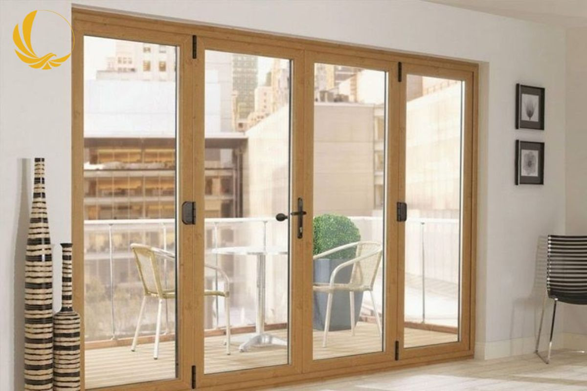 Mẫu cửa đi nhôm xingfa 4 cánh mở quay màu vân gỗ