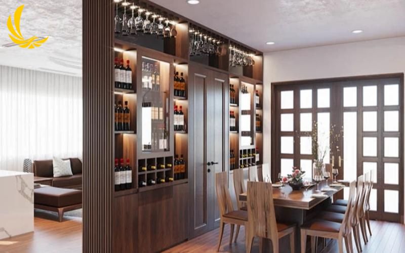Tủ rượu cánh kính kết hợp với không gian bếp